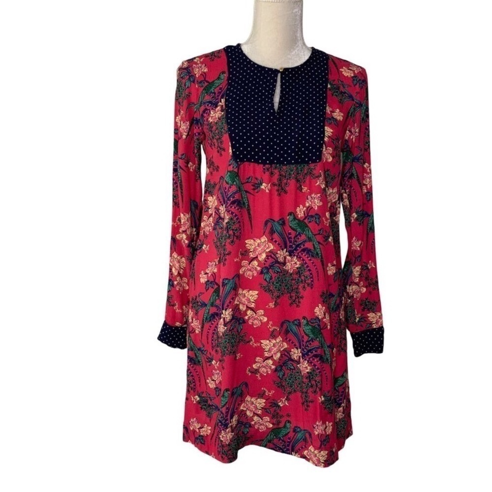 Anthropologie Maeve Tropical Bird Print Polka Dot Long Sleeve Shift Dress Size 0